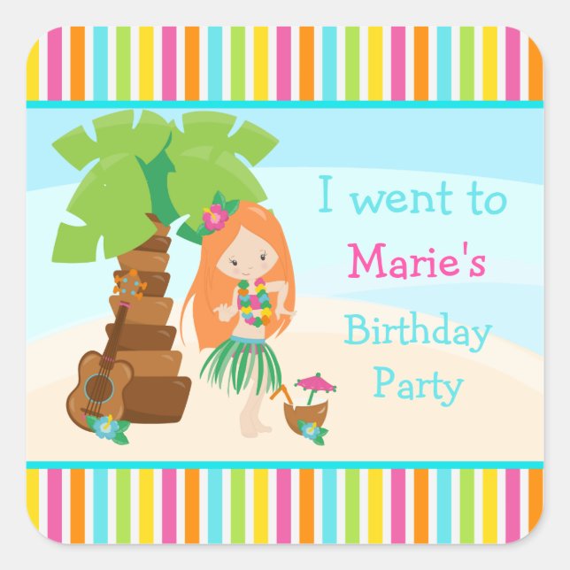 Aloha Cute Red Hair Girl Party Square Sticker (Front)