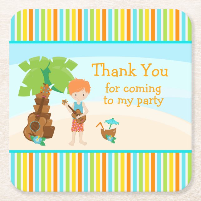 Aloha Cute Red Hair 'Thank you for coming' Square Paper Coaster (Front)