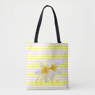 Aloha   Elegant Tropical Flower & Yellow Stripes Tote Bag