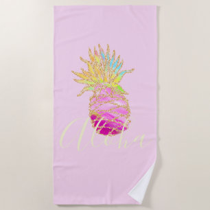 Aloha   Elegant Tropical Pineapple  Beach Towel
