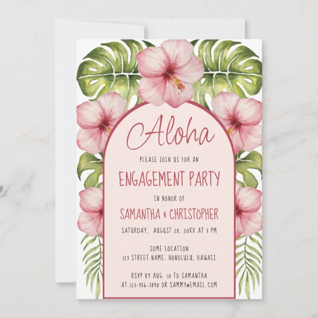 Aloha Engagement Tropical Floral Pink Hibiscus  Invitation (Front)