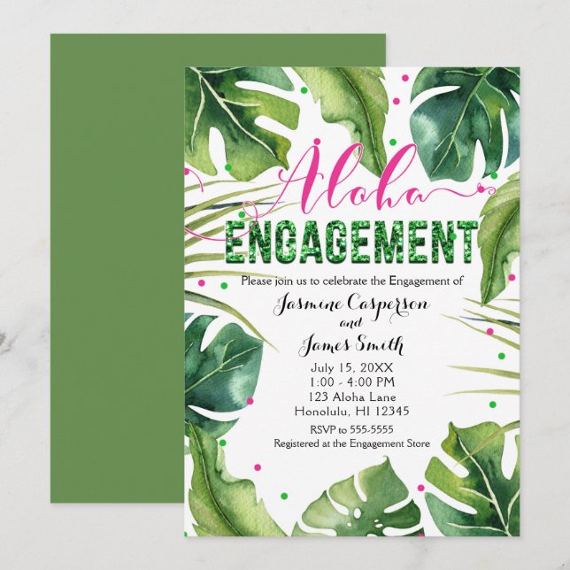 ALOHA ENGAGEMENT Tropical Leaves Pink & Green Invitation (Front/Back)