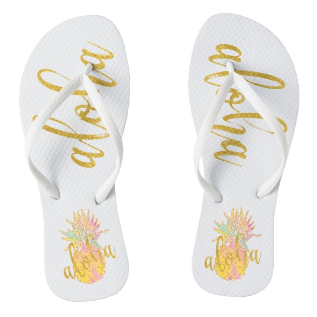 Aloha fancy faux gold glitter pastel pineapple flip flops (Footbed)