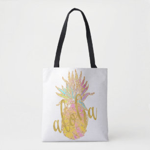 Aloha fancy faux gold glitter pastel pineapple tote bag