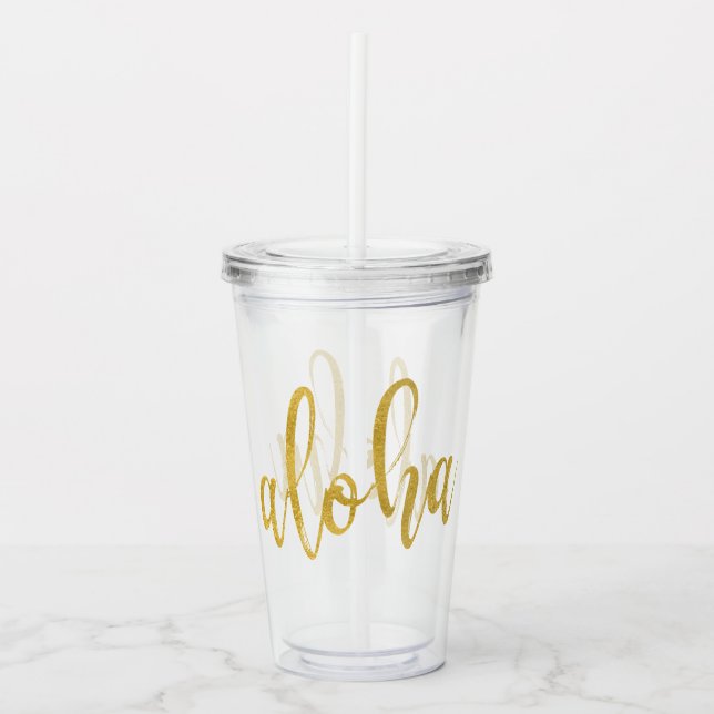 Aloha Faux Gold Brushed Script Beach Party Acrylic Tumbler (Front)
