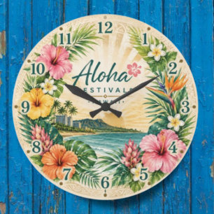  Aloha Festivals Hawaii Tropical Beach Floral  Large Clock
