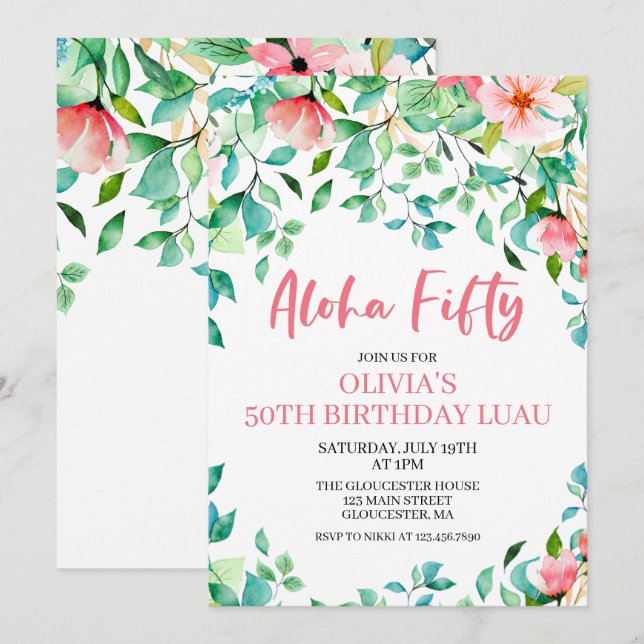 Aloha Fifty Tropical 50th Luau Birthday Invitation (Front/Back)