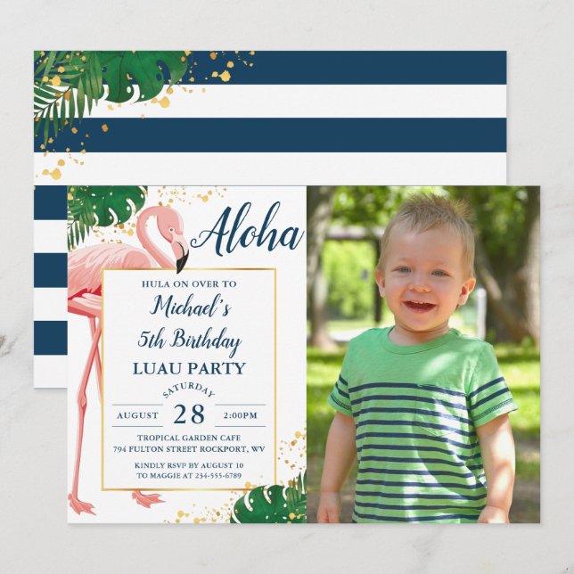 Aloha Flamingo Blue Gold Tropical Birthday Photo Invitation (Front/Back)