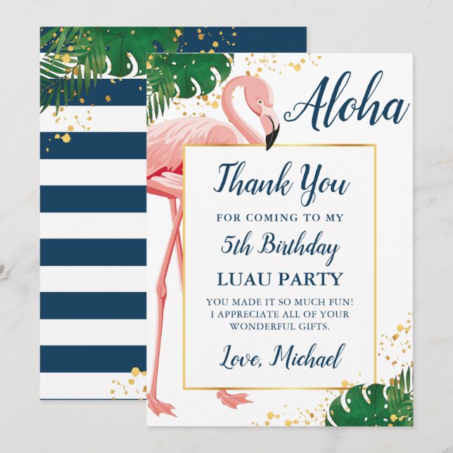 Aloha Flamingo Blue Gold Tropical Birthday Thank You Card (Front/Back)