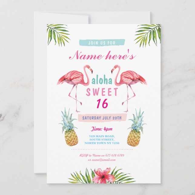 Aloha Flamingo Sweet 16 16th Birthday Party Invite (Front)