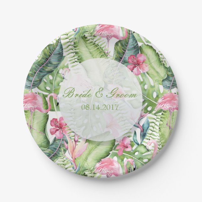 Aloha Flamingo Tropical Beach Wedding Paper Plate (Front)