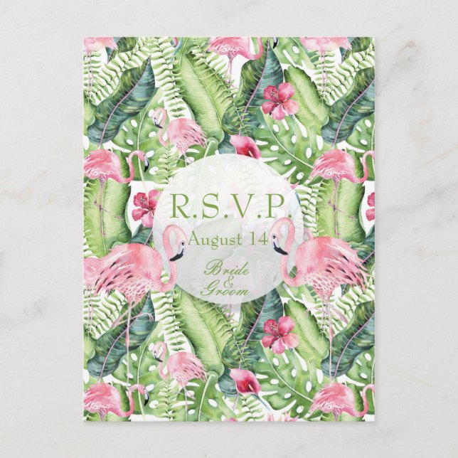 Aloha Flamingo Tropical Beach Wedding  RSVP Invitation Postcard (Front)