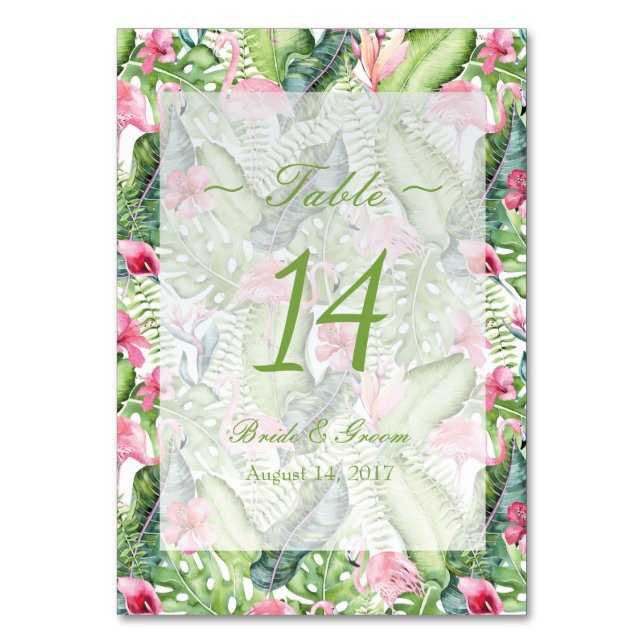 Aloha Flamingo Tropical Beach Wedding Table Number (Front)