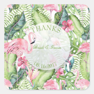 Aloha Flamingo Tropical Beach Wedding Thanks Square Sticker