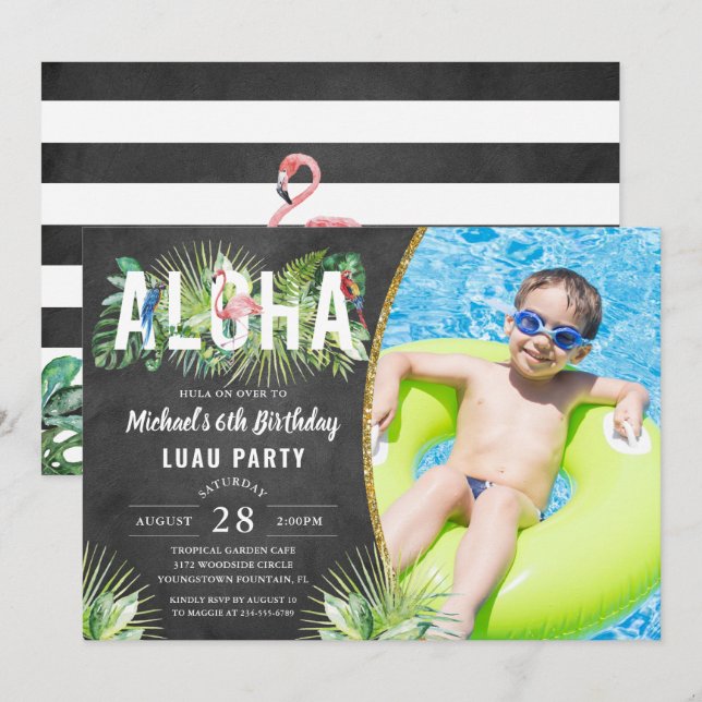 Aloha Flamingo Tropical Birds Luau Birthday Photo Invitation (Front/Back)