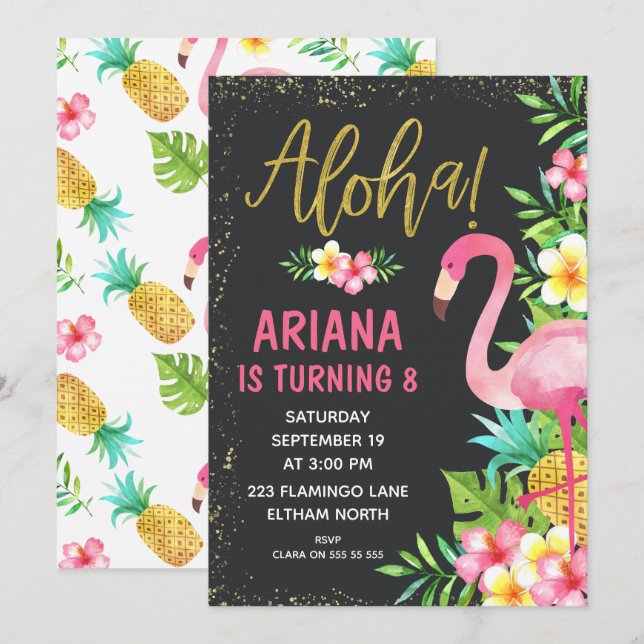 Aloha Flamingo Tropical Birthday Invitation (Front/Back)