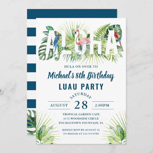 Aloha Flamingo Tropical Navy Blue Luau Birthday Invitation (Front/Back)