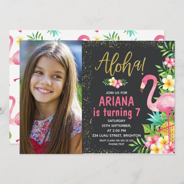 Aloha Flamingo Tropical Photo Birthday Invitation (Front/Back)