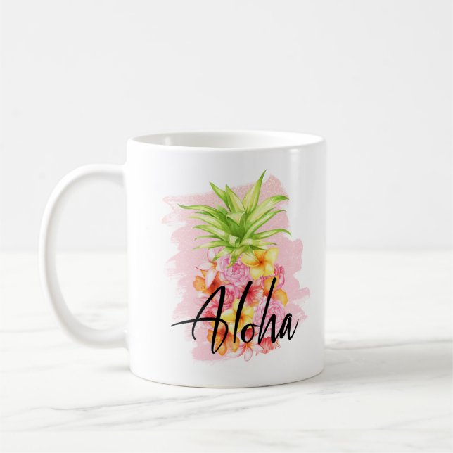 Aloha Floral Pineapple Pretty Pink Hawaii Coffee Mug (Left)