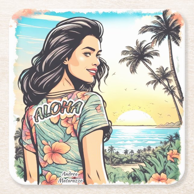 Aloha Girl Square Paper Coaster (Front)