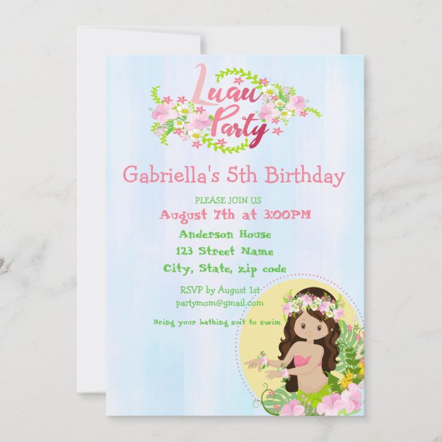 Aloha  Girls Luau Birthday Party Invitation (Front)