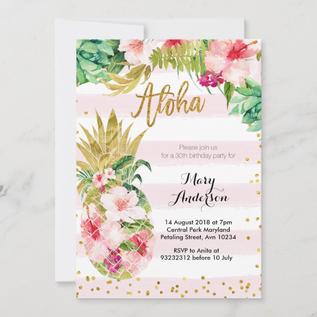 Aloha Gold Pineapple Birthday Invitation Adult (Front)