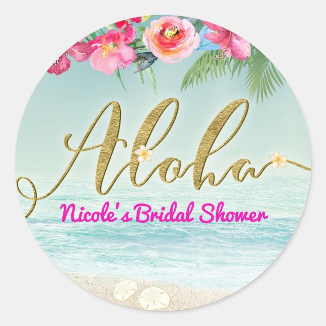 ALOHA Gold Tropical Beach Hibiscus Flowers Floral Classic Round Sticker (Front)