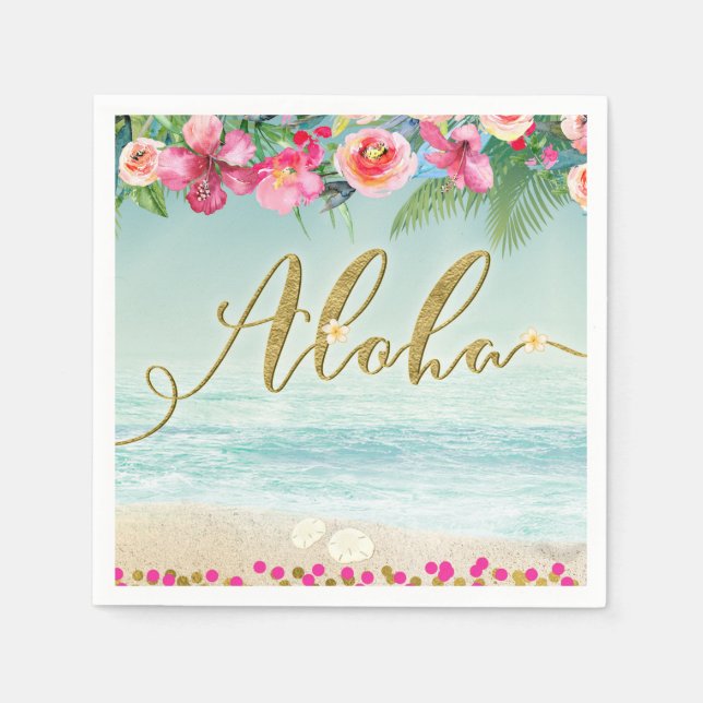 ALOHA Gold Tropical Beach Hibiscus Flowers Floral Napkin (Front)