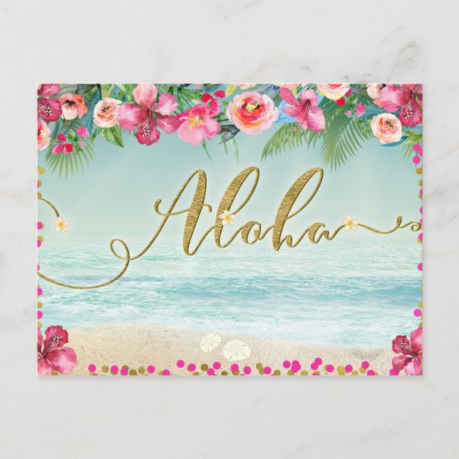 ALOHA Gold Tropical Beach Hibiscus Save the Date Announcement Postcard (Front)