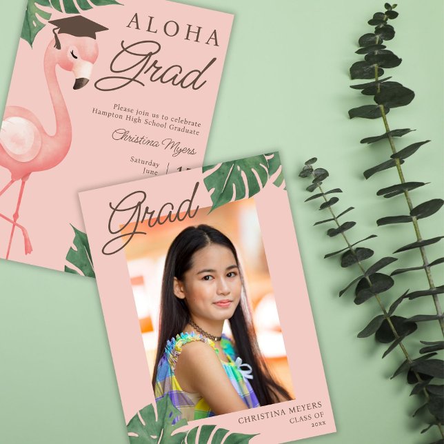 Aloha Grad Pink Flamingo Tropical Girl Graduation Invitation (Creator Uploaded)