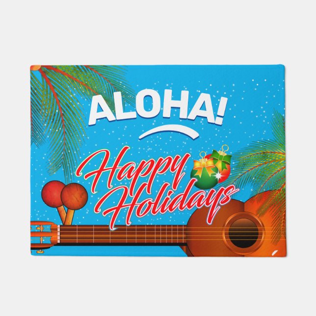 ALOHA Happy Holidays with Ukulele and Palm Doormat (Front)