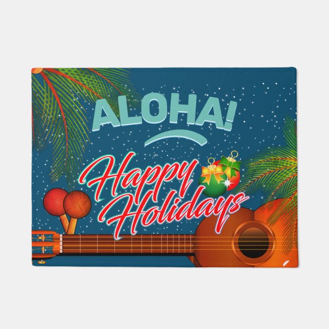 ALOHA Happy Holidays with Ukulele and Palm Doormat (Front)