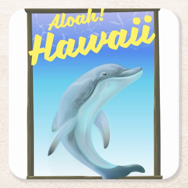 Aloha! Hawaii! Dolphin travel poster Square Paper Coaster (Front)