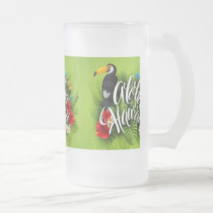 Aloha Hawaii Flowers Foliage Butterflies Yellow    Frosted Glass Beer Mug