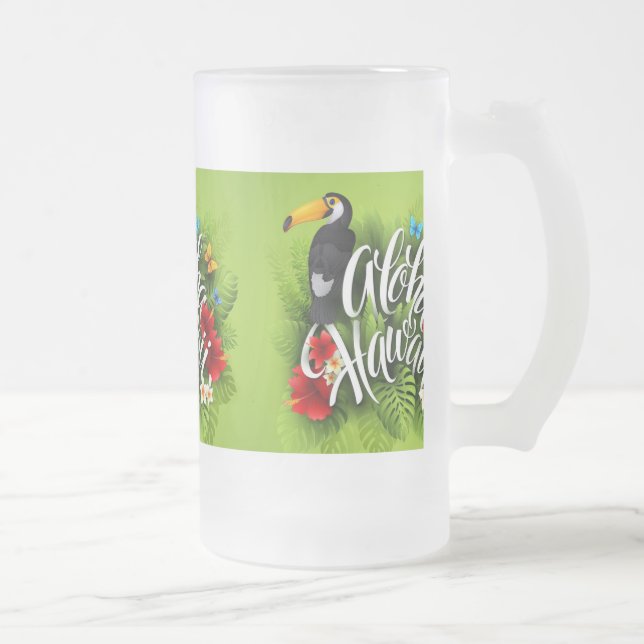 Aloha Hawaii Flowers Foliage Butterflies Yellow    Frosted Glass Beer Mug (Right)