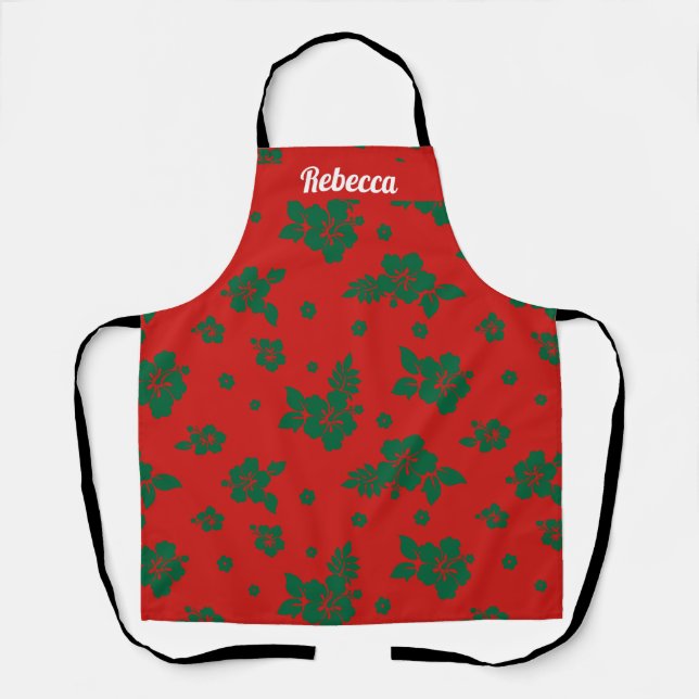 Aloha Hawaii Green on Red Christmas Pattern Apron (Front)