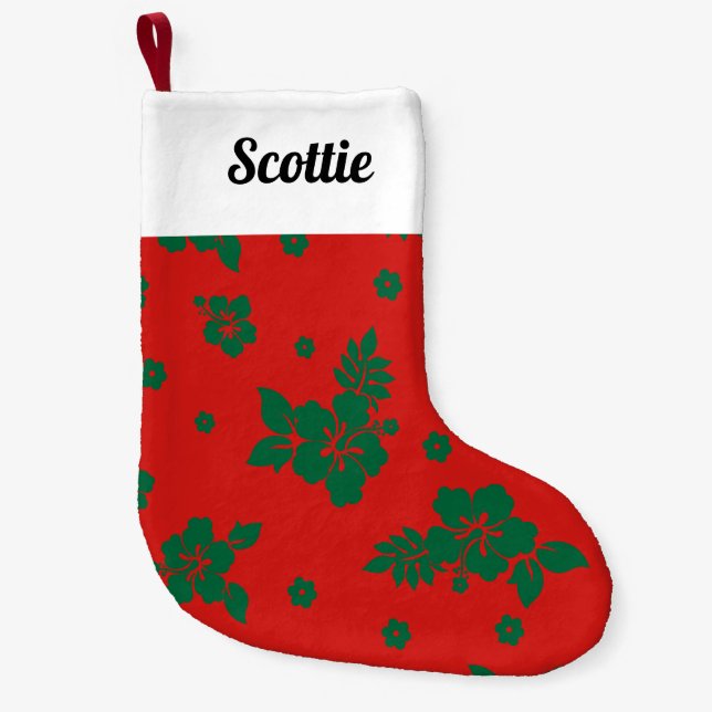 Aloha Hawaii Green on Red Christmas Pattern Small Christmas Stocking (Front)