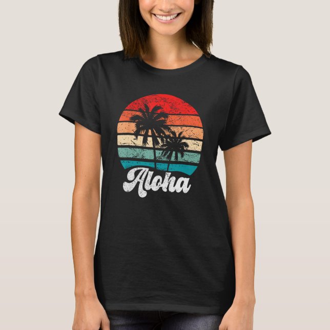Aloha Hawaii Hawaiian Island Palm Tree Beach Retro T-Shirt (Front)