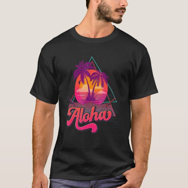 Aloha Hawaii Hawaiian Palm Tree Surf Beach 80s Vac T-Shirt (Front)