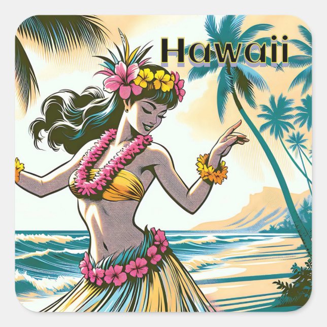 Aloha | Hawaii Hula Dancer on the Beach Square Sticker (Front)