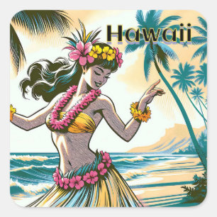 Aloha   Hawaii Hula Dancer on the Beach Square Sticker