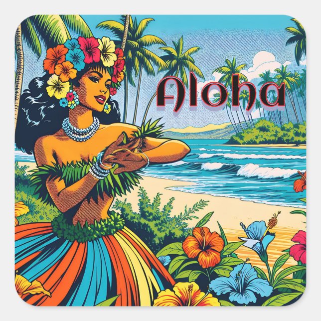 Aloha | Hawaii Hula Dancer on the Beach Square Sticker (Front)