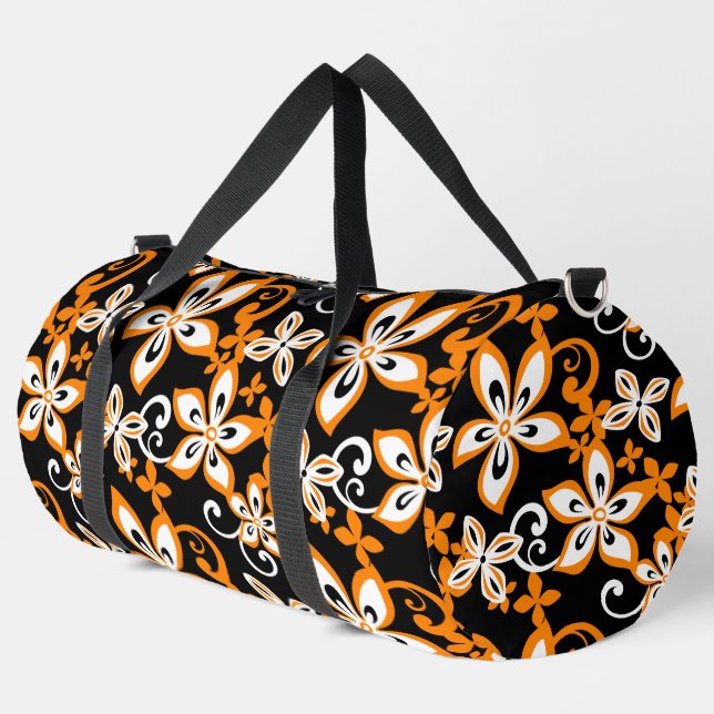 ALOHA HAWAII PATTERN IN BLACK/ORANGE DUFFLE BAG (Left Corner)