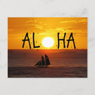 Aloha Hawaii Sunset Ocean Sailboat Postcard