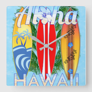 Aloha Hawaii Surfboards Square Wall Clock