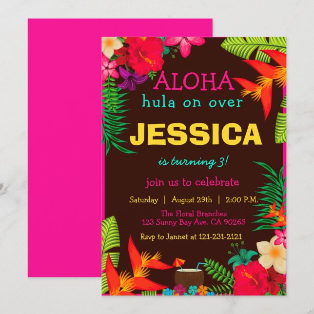 Aloha Hawaii Tropical Flowers Hibiscus Birthday Invitation (Front/Back)