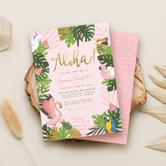 Aloha Hawaii Tropical Summer Gold Birthday Party Invitation (Creator Uploaded)