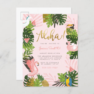 Aloha Hawaii Tropical Summer Gold Birthday Party Invitation Postcard