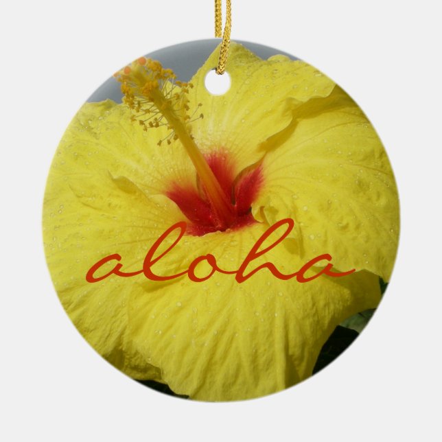 Aloha, Hawaii Yellow Hibiscus Ceramic Tree Decoration (Front)