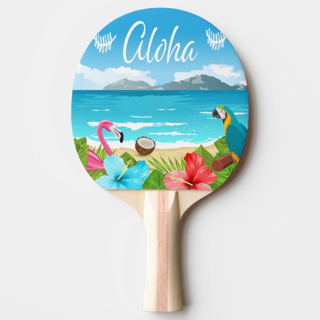 Aloha hawaiian beach flamingo floral blue  ping pong paddle (Front)